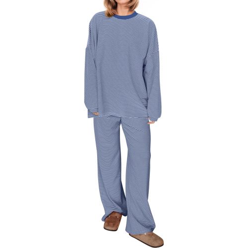 OLAPTA Women Striped 2 Piece Lounge Sets Oversized Tee Tops Wide Leg Pants Matching Outfits Fall Loungewear Pajama Sets