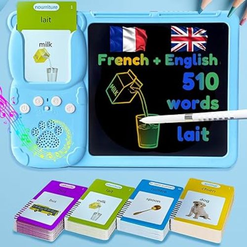 Drawing Tablet with Bilingual Flashcards for Kids - French English Talking Flash Cards, LCD Writing Pad Board, Pocket Speech for Toddlers, Learning Toy Gift for Boys Girls (French, Blue)