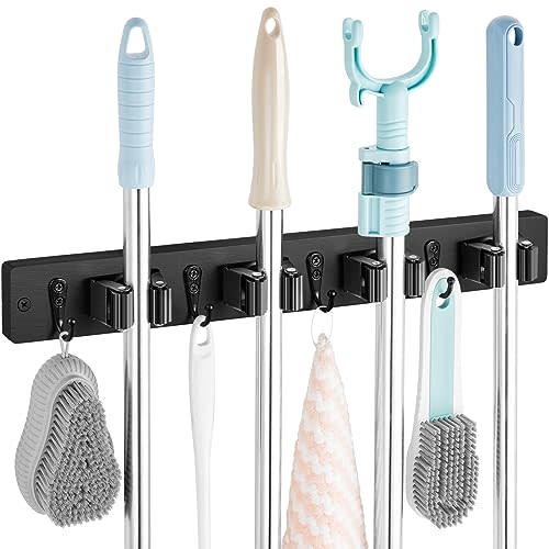 OUTNILI Mop Broom Holder Wall Mount with 4 Slots & 4 Hooks - Wood Broom Mop Hanger for Pantry Kitchen Organization - Garden Tool Rack Organizer for Closet Laundry Room - Black Kitchen Decor