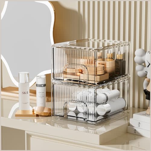 ZHIAI 2 Pack Clear Stackable Storage Drawer, Acrylic Drawer, Cosmetic Organizer, Plastic Organizer for Dresser, Under, Kitchen Cabinet, Pantry, Home Organization and Storage
