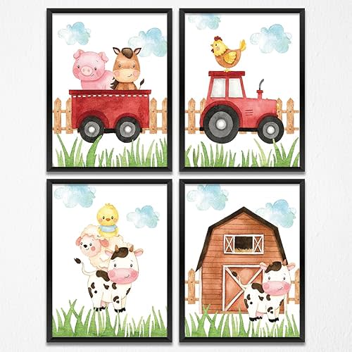 4PCS Watercolor Farm Animals Nursery Decor Cute Animal Wall Art Prints Paintings for Home Bedroom Farmhouse Girls Boys Room Decor Funny Farm Wall Decor Country Themed Gift (8x10 inch，Unframed)