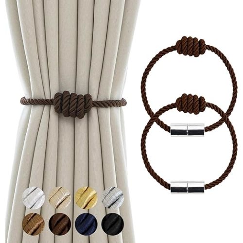 Curtain Tiebacks - Magnetic Decorative Tie Backs for Curtains & Drapes, 2 Pack Rope Holders, Coffee Finish