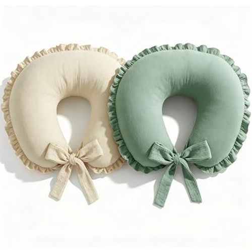 Hooyax Muslin Nursing Pillow Covers 2 Pack, Ruffle Breastfeeding Pillow Slipcovers with Extended Adjustable Strap, Soft Breathable Pillow Cover for Baby Boys Girls, Cream Sage Green