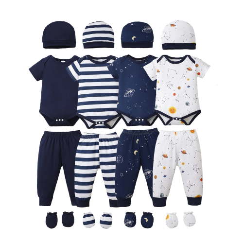 KIMI BEAR Newborn Baby Boys Layette Essentials Set Summer Clothes Romper Pants Set Hat 4-Pack Outfits 16pcs Blue NB