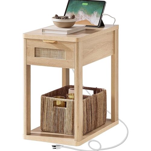 LEYAOYAO Narrow Side Table with Charging Station, 24'' Rattan Night Stand with Drawer Storage, Brown Bedside End Table with Metel Handle for Small Spaces, Wood Boho Nightstand for Living Room Bedroom