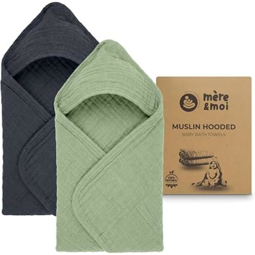 Mère & Moi 2 Pack Muslin Hooded Baby Bath Towel - Soft Cotton Green & Charcoal