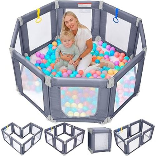 Kidirect Foldable Baby Playpen, 47"×49" Small Play Pen for Babies Toddlers, 360° Vision Mesh Play Yard with Zipper Gate, Adjustable Shape Portable Indoor Outdoor Safety Baby Fence with Handles, Grey