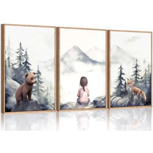 3Pcs Girls Adventure Nursery Wall Art Woodland Animals Bear & Fox Wall Decor Picture Watercolor Mountain Kids Canvas Posters Prints for Girl Bedroom Classroom Baby Room Decoration Unframed