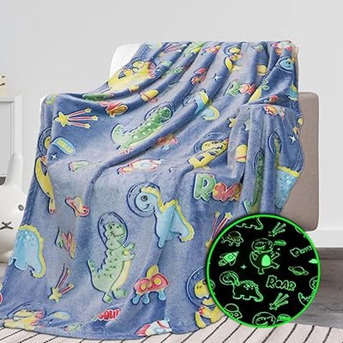 Glow in The Dark Blanket Dinosaur Gifts for Boys, Easter Toys For Kids 1 2 3 4 5 6 7 8 9 10 Year Old Room Decor Blankets Toddler Teens 50" x 60"