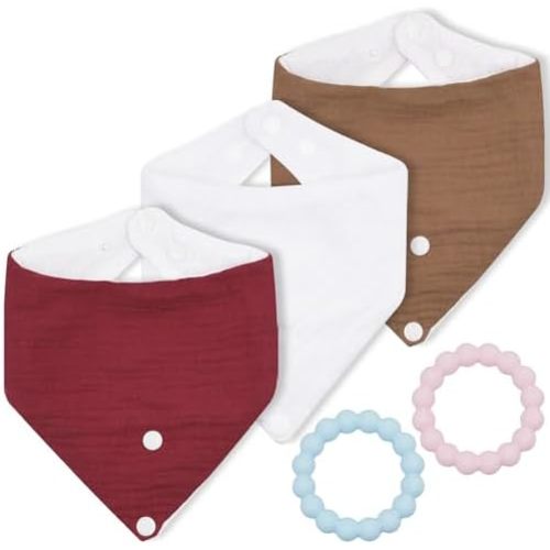 Baby 3-Piece Drool Towel and 2-Piece Teething Kit, 100% Cotton, Including Detachable Snap Fasteners, Soft and Skin Friendly