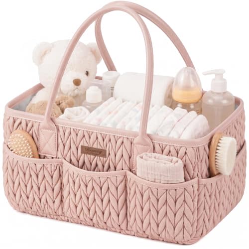 Konssy Baby Diaper Caddy Organizer, Braided Quilted Design with PU Handles | Water-Repellent, Portable Diaper Caddy Basket, Gift for Baby Shower, Newborn Nursery Essentials Registry (Blush)