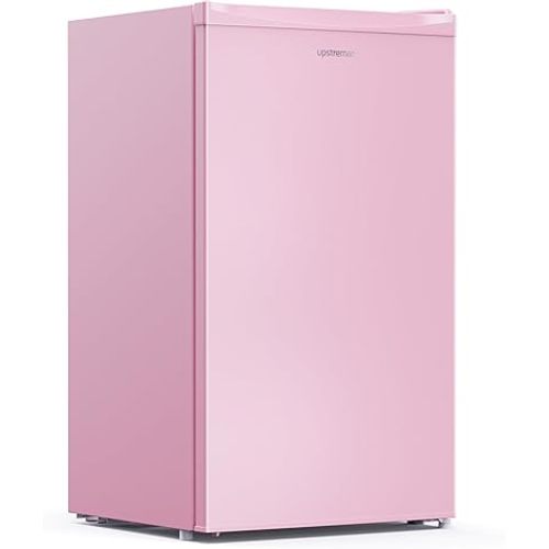 Upstreman 3.2 Cu.Ft Mini Fridge with Freezer, Single Door Compact Refrigerator, Adjustable Thermostat, Small Refrigerator for Dorm, Bedroom, Office, Pink-BR321
