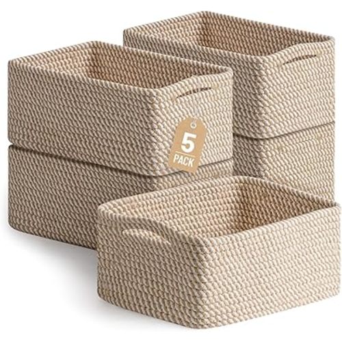 5 Pack Decorative Small Storage Baskets for Shelves, Cotton Rope Woven Basket for Organizing Bathroom, Nursery, Closet, Cabinet, Toys & Socks, Gift Baskets Empty, 11.8"x7.9"x4.7", Khaki