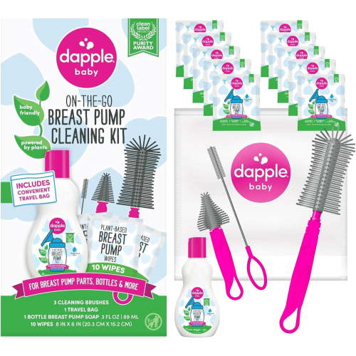 Breast Pump Cleaning Kit, 3 Baby Bottle Cleaning Brushes, Hypoallergenic & Powered by Plants, Removes Milk Residue, Leaves No Taste, 3oz Soap, 10ct Wipes 3 Cleaning Brushes