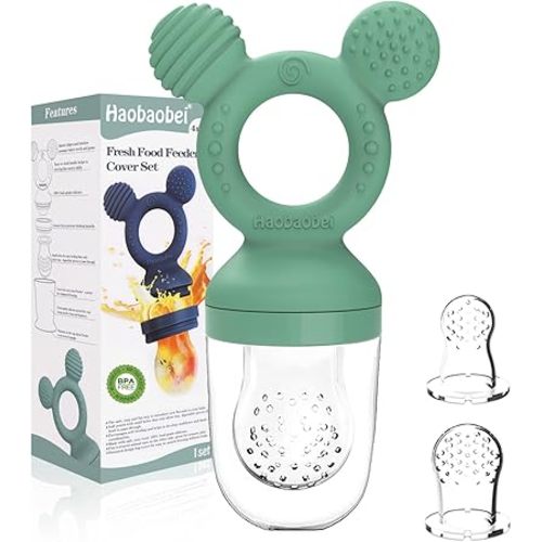 Baby Fruit Feeder, Frozen Teething Toys, Teether Pacifier with 3 Extra Teats, Infant Eating Essentials, BPA Free Baby Feeding Supplies (Grass Green)