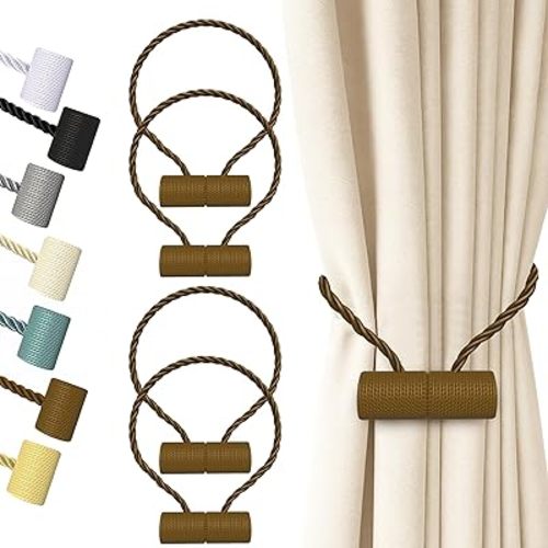 Hion Magnetic Curtain Tiebacks Dark Brown 4 Pack, Curtain Tiebacks Buckles Holdbacks Holders Hooks Clip for Home Bedroom Office Decorative Thick or Thin Curtain