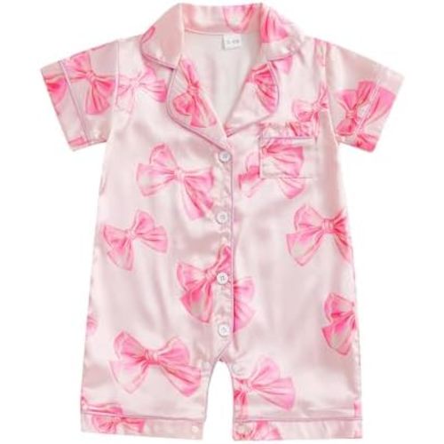 Footless Pajamas Baby Girl Bow Print Romper Lapel Button Long Sleeve PJs