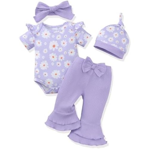 Renotemy Newborn Baby Girl Clothes Infant Romper Spring Summer Outfits Gifts Bell Bottoms Pant Sets for Girls Preemie-12Month
