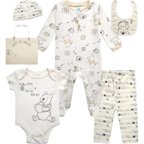 Disney Newborn Baby Girl Boy Clothes - 7 Piece Mickey Mouse Winnie the Pooh Bib Onesie Overall Beanie Pants Gift Bag Gift Set