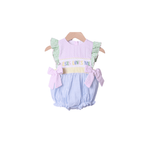 Smocked Jesus Loves Me Seersucker Colorblock Bubble