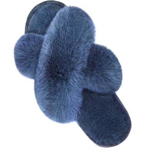 Parlovable Women's Fuzzy Slippers Comfy Cross Band House Shoes Memory Foam Open Toe Indoor Gifts for Ladies