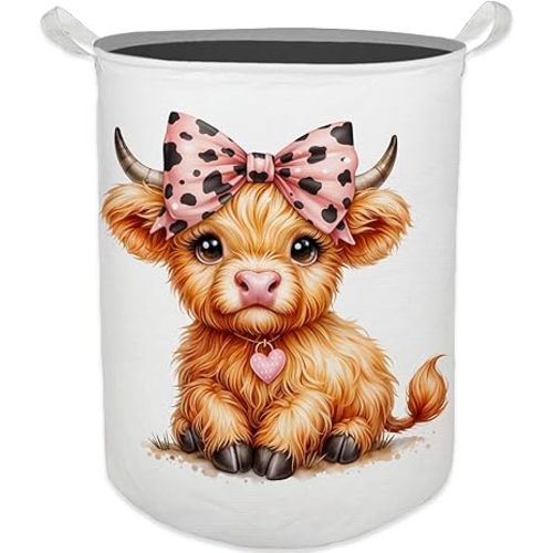 Highland Cow Baby Nursery Laundry Basket, Toybox for Girls Room, Pink Leopard Bow Cow Laundry Basket Waterproof Collapsible Clothes Toys Storage Bin Organizer for Kids Room Playroom Bathroom
