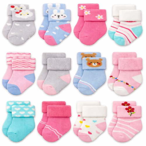 RATIVE Infant Baby Socks 6-12 Months Thick Terry Turn Cuff Socks for Baby Girls (6-12 Months, 12-pairs/BG12)