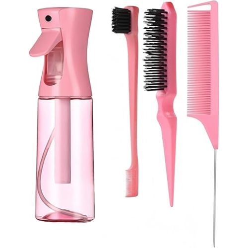 Hair Brush Set with Continuous Spray Bottle，Slick Back Hair Brush Back Brushing, Combing, Slicking Hair (PINK)
