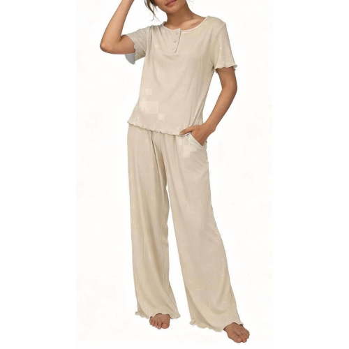 Loritta Womens Pajama Sets Knit Short Sleeve Long Pants Lounge Sets Breathable 2 Piece Pjs with Pockets Summer Khaki S-2XL