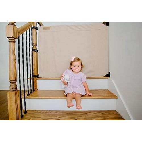 The Stair Barrier First Fabric Wall to Banister Baby Gate for Stairs 36”–43” Wide x 32” Tall – Dog Gate for Stairs, for Top or Bottom Staircase, Machine-Washable, Climb Proof, Designed in USA – Beige