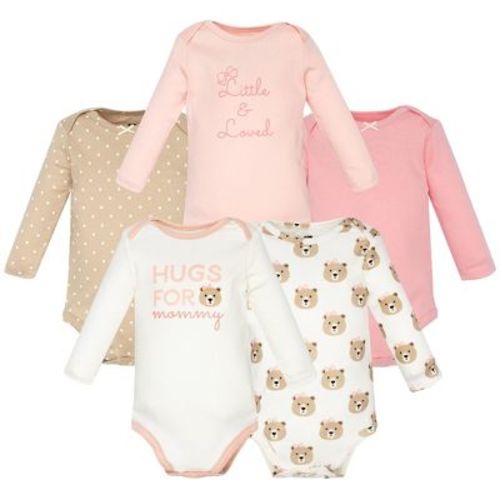 Hudson Baby Infant Girls Cotton Long-Sleeve Bodysuits 5-Pack, Pink Taupe Bear, 0-3 Months