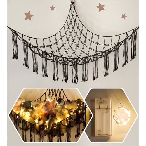 Macrame Stuffed Animal Hammock Corner with LED Light - Black Toy Storage Hammock Plushie Net Organizer Display - Teddy Bear Stuffy Hammocks - Boy Bedroom Decor Cool