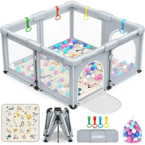OCATO Baby Playpen with Mat: Foldable Playpen for Babies and Toddlers Play Pen Portable Playpens Fence Indoor Outdoor Kids Safety Area Play Yard with 50x50 Playpens Mat 4 Handlers 50 Balls (50" × 50")