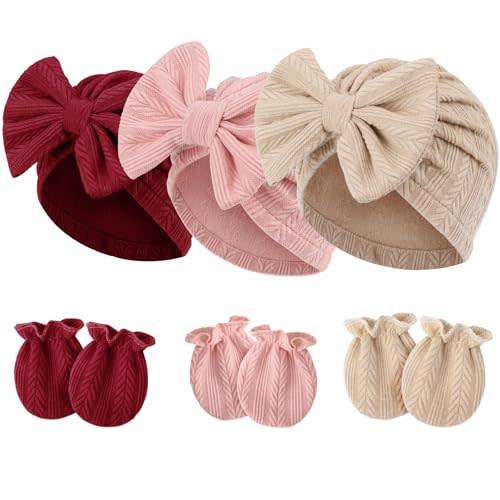 Newborn Baby Hats and Mittens Set Infant Bow Beanie Cap Toddler Gloves Newborn Hospital Hats for Baby Boy Girl Kid 0-6 Months