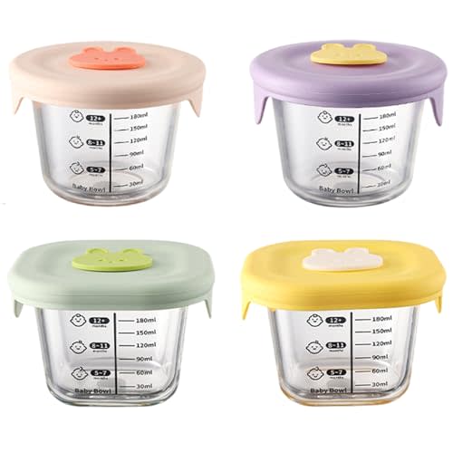 Baby Food Jars Infant Food Containers 4Pcs 230ml Round & Square Non-Toxic Glass Jars with Silicone Lid & Scale -20-400℃ Resistant Microwavable Storage Containers