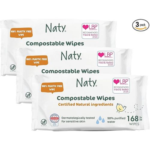 Naty Baby Wipes | 98% Water, Hypoallergenic & Natural for Sensitive Skin | Unscented, Plant-Based, Fragrance-Free | Plastic-Free & Compostable | Newborn & Toddler Diaper Wipes | 168 Count (3 Packs)