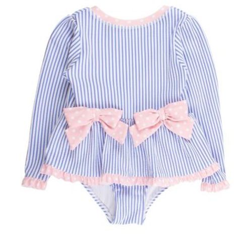RuffleButts Toddler Girls UPF50+ Seersucker Long Sleeve One Piece Bow Peplum Rash Guard Swimsuit - Periwinkle Blue Seersucker, 4T