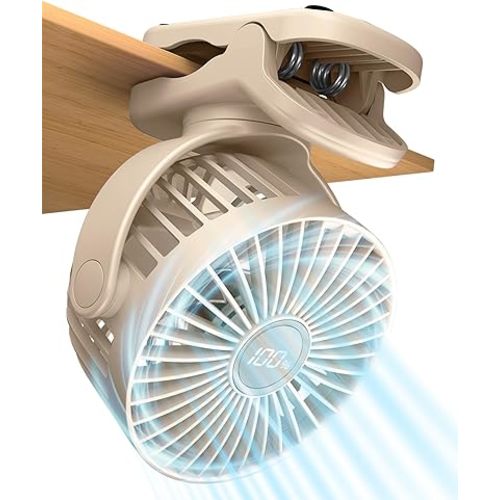 Portable Mini Personal Fan, Small Rechargeable Battery Powered Stroller Fan for Desk, Strong Clamp Grip, 360° Rotation, 3-Speed, LED Display, Clip On Cooler for Bed, Golf Cart, Office, Beige