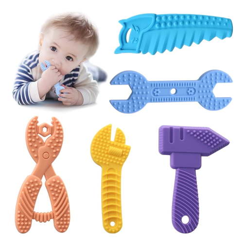 5 Pack Soft Silicone Teething Toys for Toddlers Infant Hammer Spanner Wrench Pliers Tools Shape Baby Teethers Relief Soothe Babies Gums Set