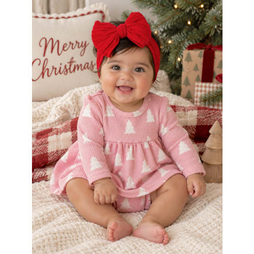 Organic Waffle Simple Dress & Bloomer, Pink Christmas Trees