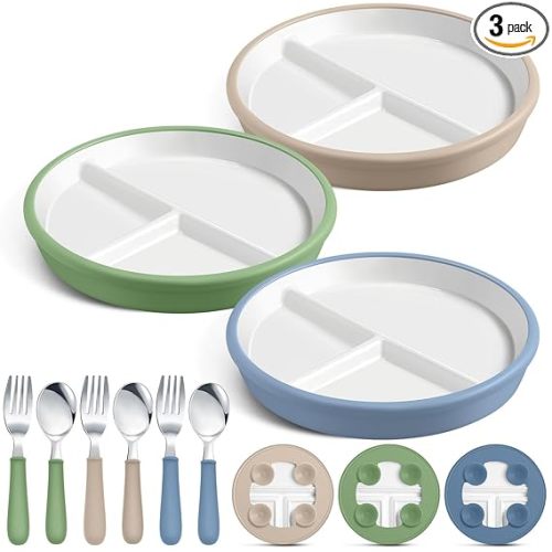 3 Pack 8" Large Porcelain Toddler Plates Feeding Set, Ceramic Kids Suction Plates with Anti Slip Silicone Sleeve for Baby 3 Spoons and Forks Divided Kids (Blue,Green,Beige)