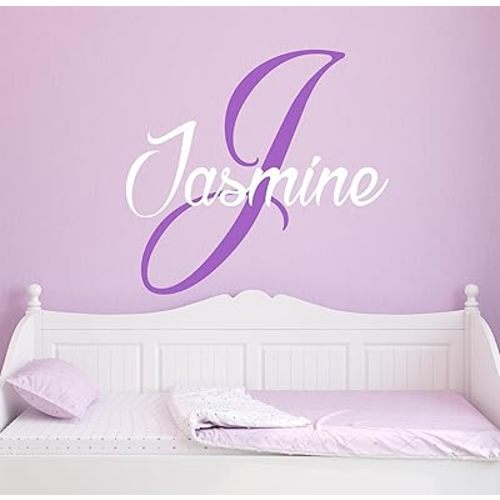 Decor Designs Decals Baby Girls Personalized Custom Nursery Name and White Initial Wall Decal Sticker Kids Bedroom Decor (Choose Your Size), Plus Free Hello Door Decal (Lavender Initial)