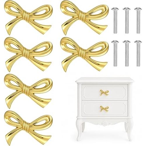 6 Pcs Bow Knobs for Dresser, Gold Vintage Brass Bow Dresser Knobs Decorative Antique Gold Drawer Handles with Screws for Cabinets, Cupboards, Dressers for Home, Bedroom, Bathroom