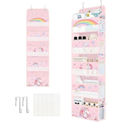 Clastyle Rainbow Unicorn Girl Over The Door Organizer Storage Pink Heart Star 5 Shelves Closet Nursery Hanging Shelves Clothes Diaper Stuffed Animal Toy Storage for Newborn Baby Essential