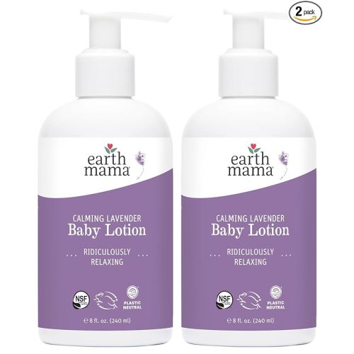 Earth Mama Calming Lavender Baby Lotion for Dry Skin, Calendula Cream for Newborn Skin Care, Children's Moisturizer, Aloe Juice, Rooibos, & Shea Butter, Lavender Lotion, 8 Fl Oz (2Pk)