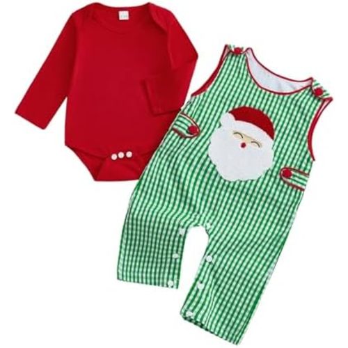 Baby Boy Girl Christmas Outfit Long Sleeve Romper Plaid Santa Embroidered Overall Pants Newborn Fall Winter Outfit