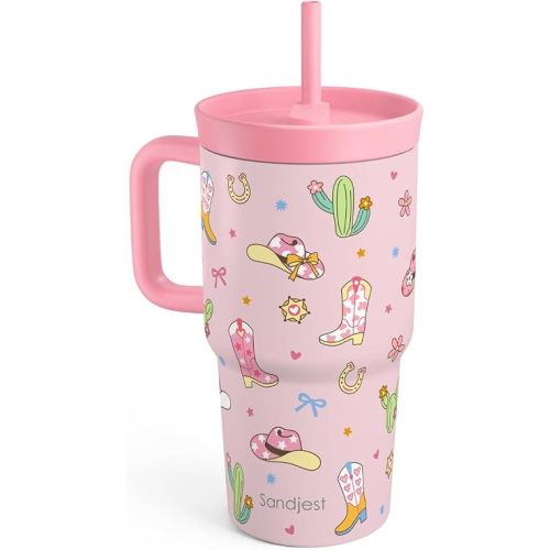SANDJEST Cowgirl Stainless Steel Tumbler 20oz with Handle and Silicone Straw Locking Lid for Kids Girls, Birthday Christmas Back to School