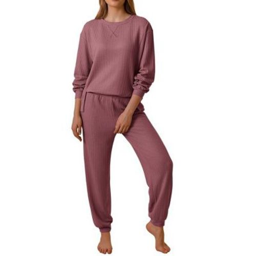 Ekouaer Waffle Knit Pajamas Sets for Women Long Sleeve Lounge Set with Pockets 2 Pieces Outfits Top and Pants Dusty Pink L