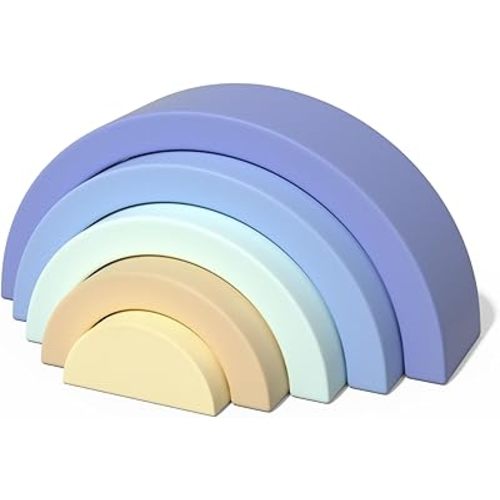 Asweets Wooden Stackable Rainbow Toy, 5 PCS Wooden Building Blocks Set for Baby, Kids and Toddlers, Montessori Rainbow Nesting Puzzle, Enhance Hand-Eye Coordination, Cognitive Development, Blue