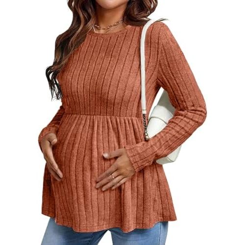 Ekouaer Womens Maternity Tops Long Sleeve Pregnancy Tunic Blouses Crew Neck Ribbed Shirts Pregnant Clothes
